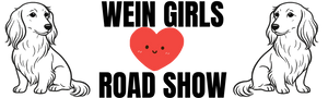 Wein Girls Road Show' with two long-haired dachshunds and a red heart in the center with a smiley face.