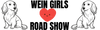 Wein Girls Road Show' with two long-haired dachshunds and a red heart in the center with a smiley face.